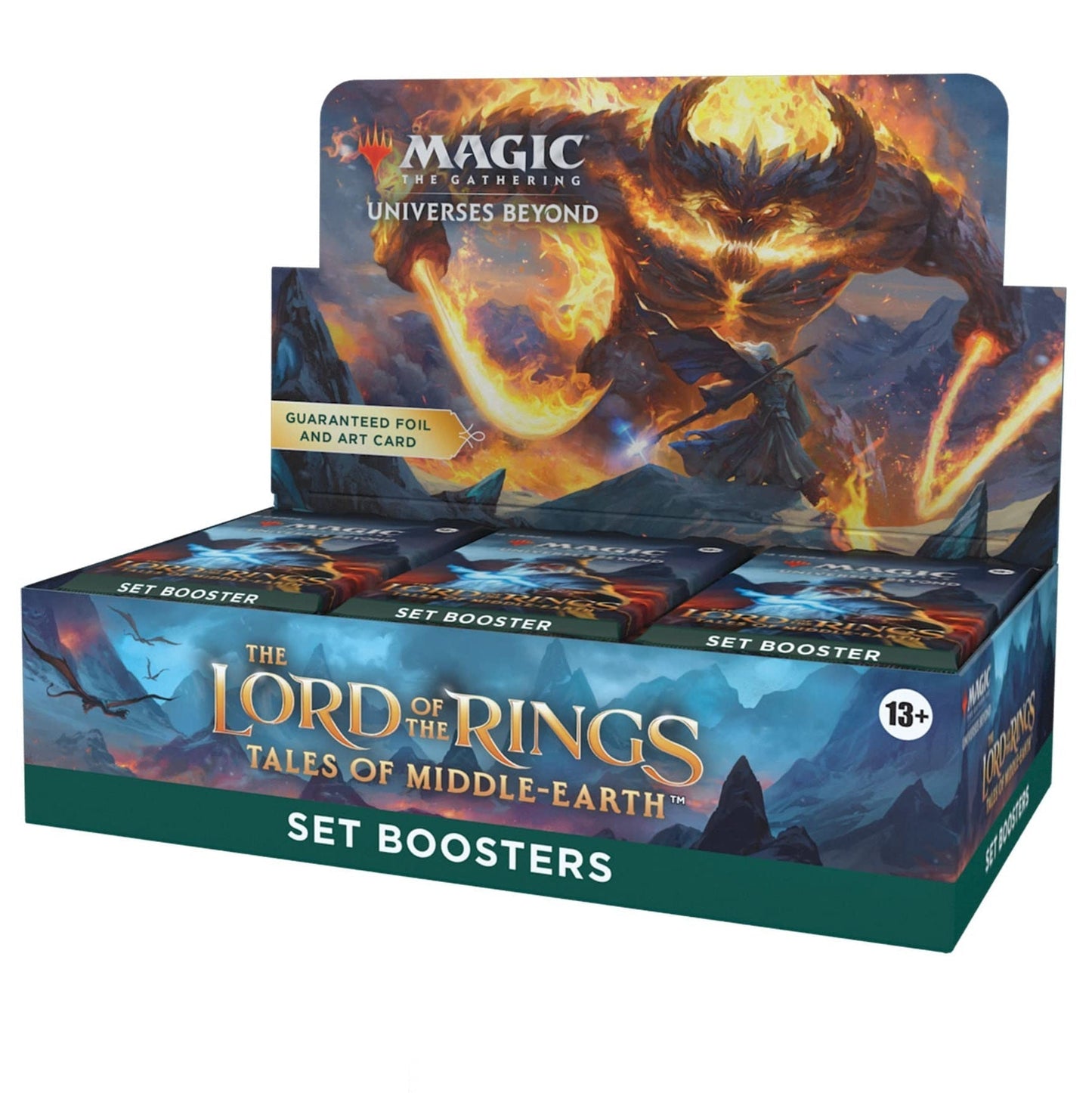 Magic The Gathering The Lord Of The Rings Booster Box met vurige Balrog-illustratie, bevat meerdere Set Boosters voor verzamelaars en spelers.