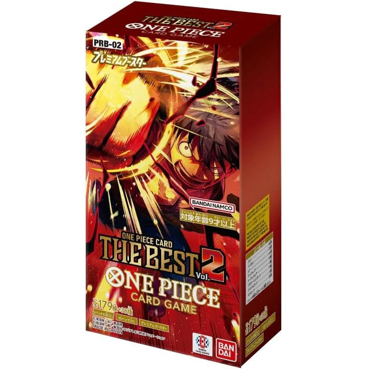 One Piece The Best 2 Booster Box PRB02 - Premium Kaarten | Japans met Luffy artwork en Bandai Namco logo, ideaal voor verzamelkaartenliefhebbers.
